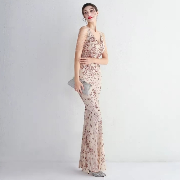 Gold, Floral Print,  V Neck,  Beaded Draped Sleeves,  Contrast Sequined Gown - Picture 9 of 16